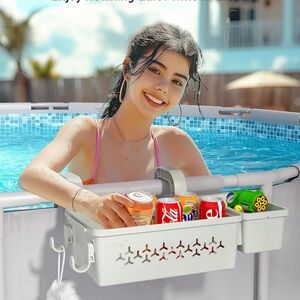 Swimming pool storage basket with pool cup holder